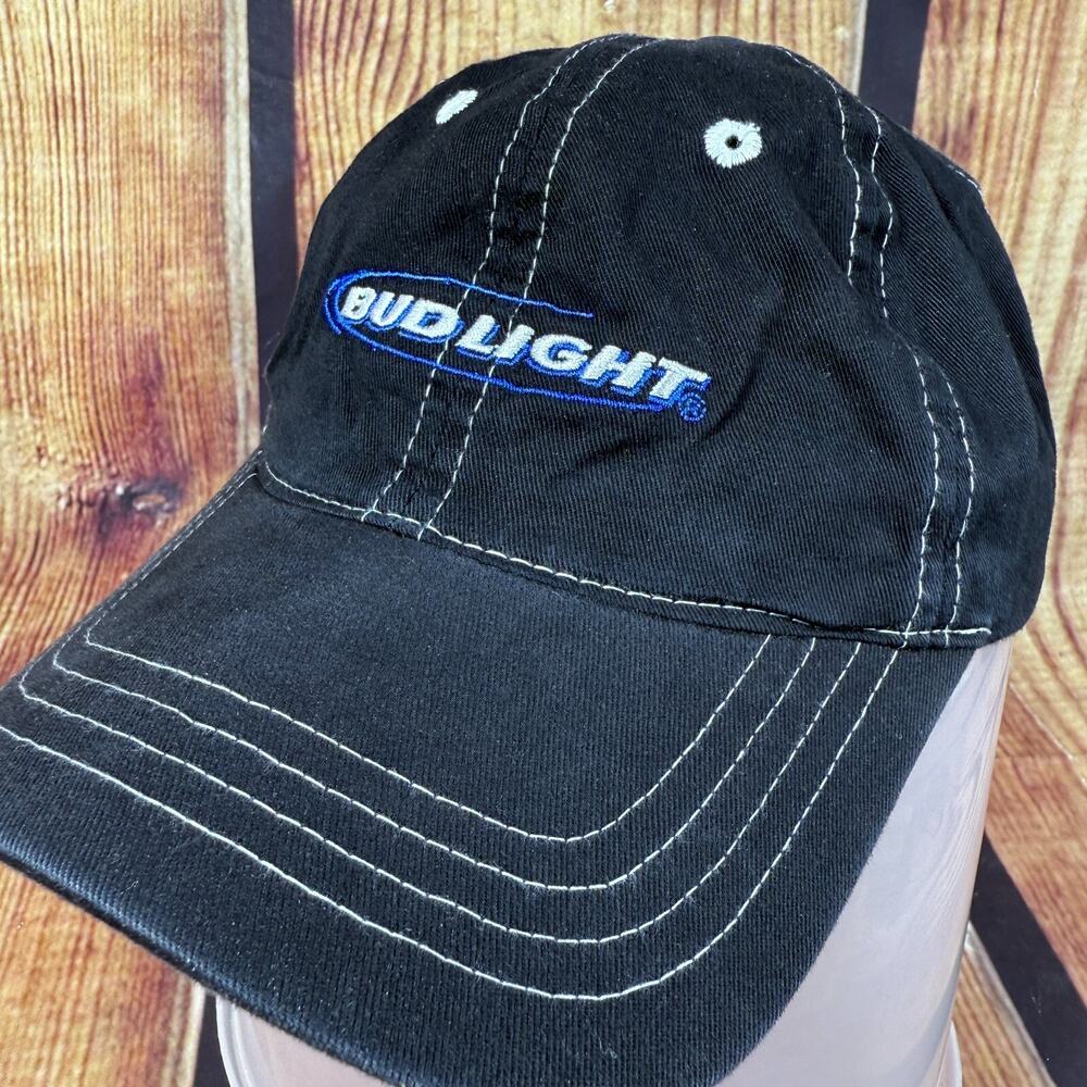 Bud Light Hat Adjustable Black Strapback Vintage 2000s Y2K Anheuser Busch Logo